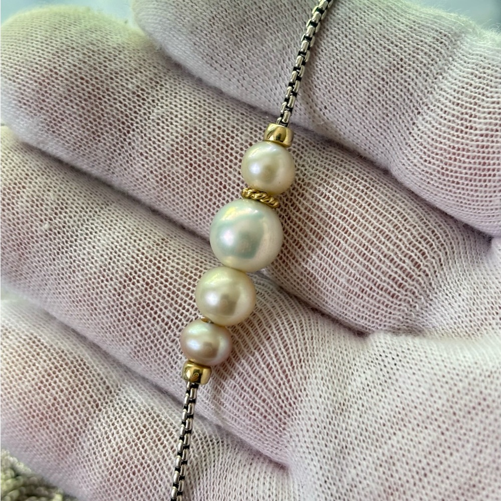 David Yurman 925 & 18k Gold Multi-Strand Pearl Station Necklace 15.5" - Picture 6 of 10